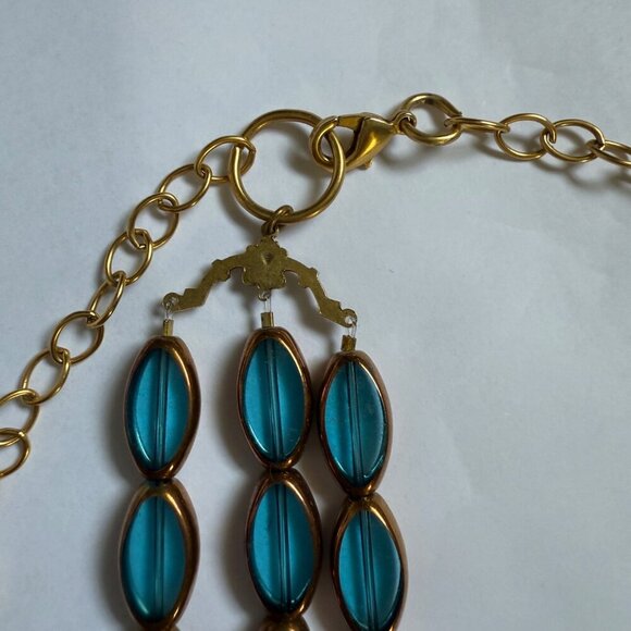 💙 Teal Blue Beaded Statement Necklace 3-Strand Gold Hardware - Picture 8 of 8
